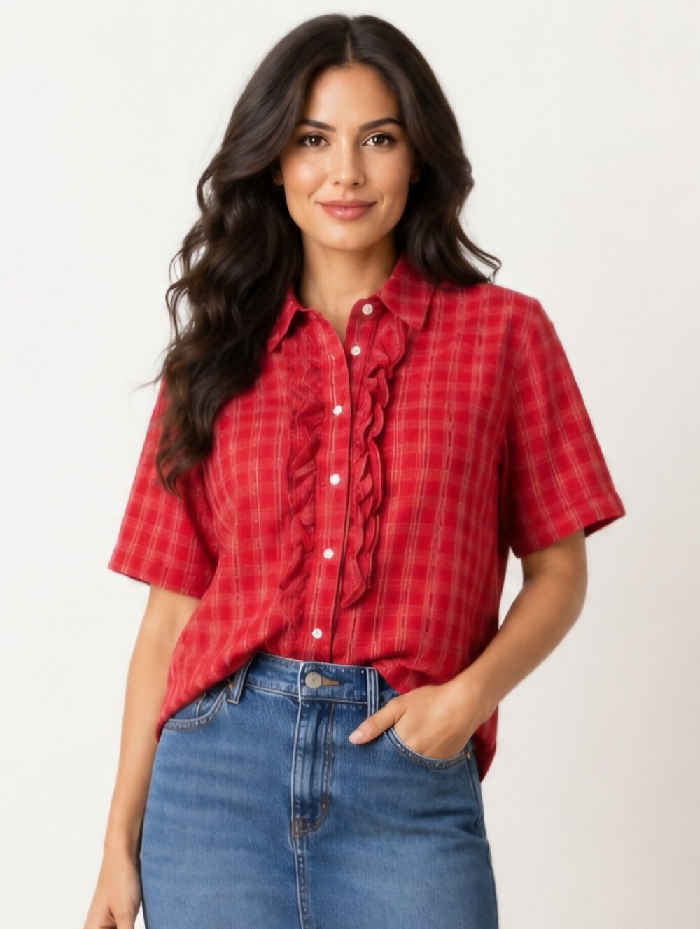 TanJay Red Plaid Ruffle Front Button Shirt Cottagecore Blouse Medium